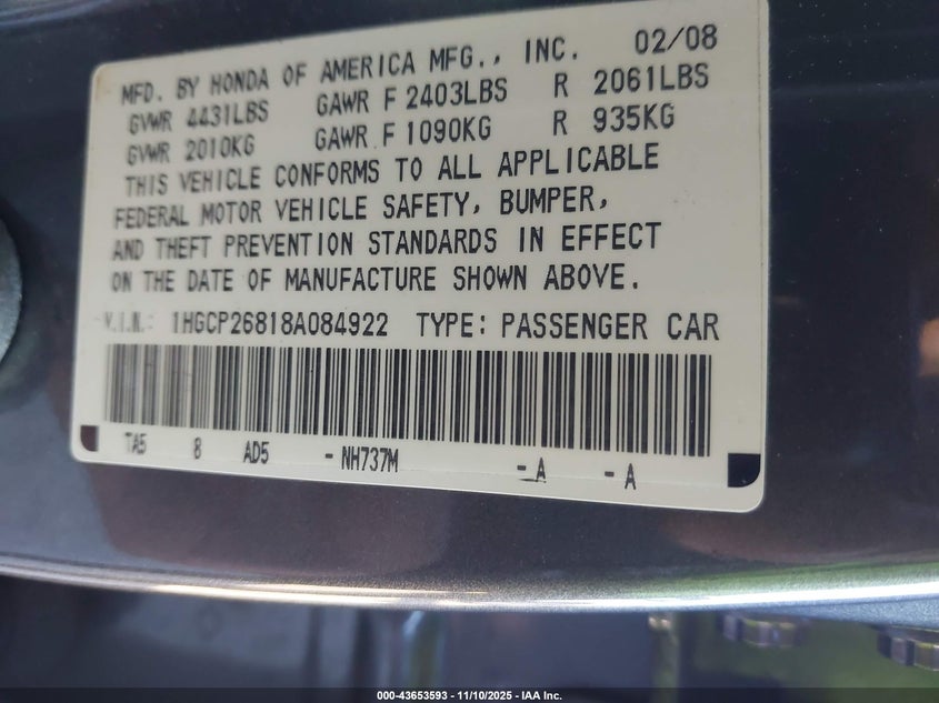 1HGCP26818A084922 2008 HONDA ACCORD photo no. 9