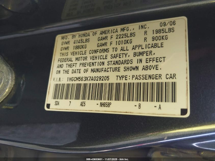 2007 Honda Accord 2.4 Se VIN: 1HGCM563X7A029205 Lot: 43653601