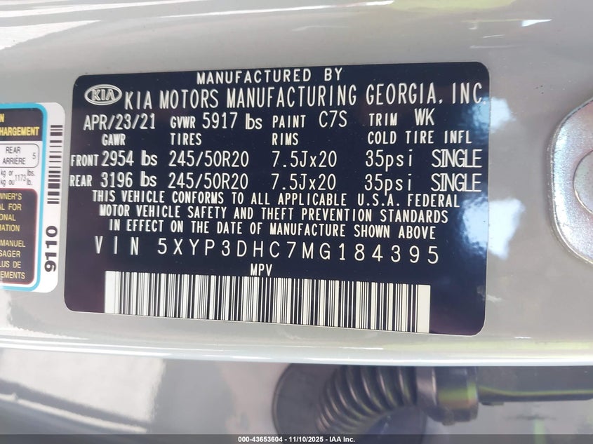 2021 KIA TELLURIDE EX 5XYP3DHC7MG184395