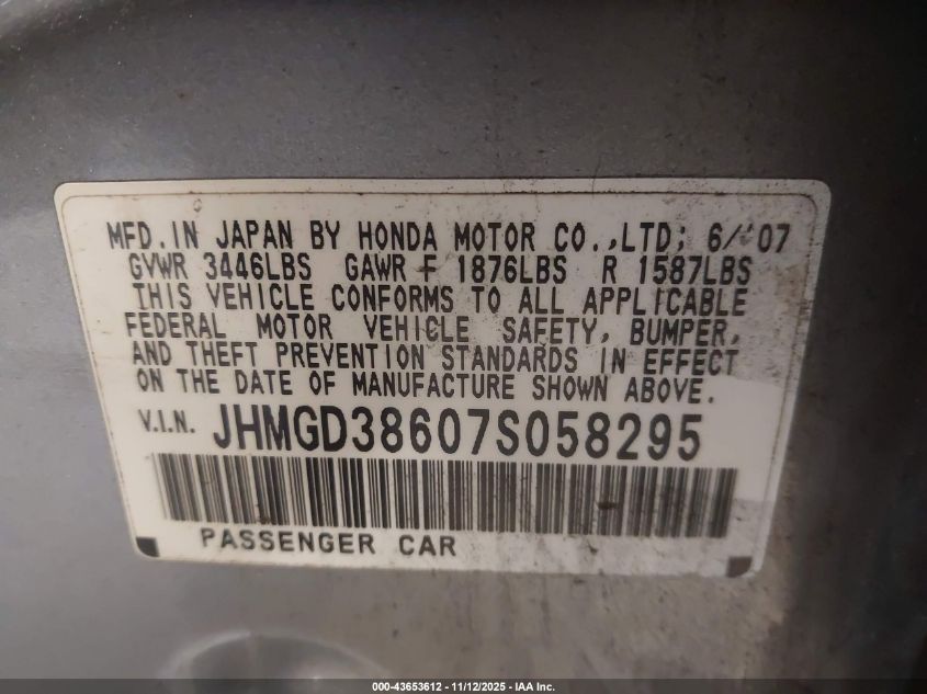 2007 Honda Fit Sport VIN: JHMGD38607S058295 Lot: 43653612