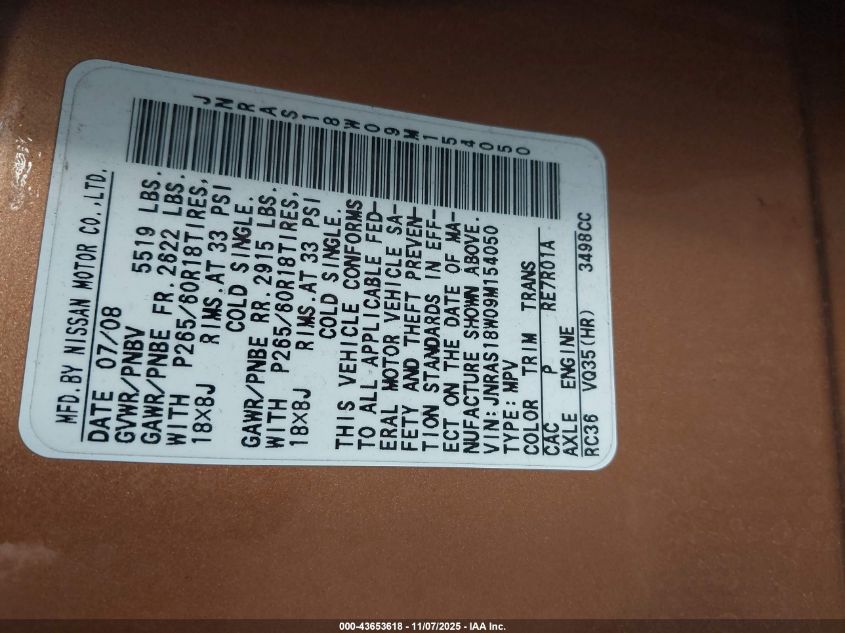 2009 Infiniti Fx35 VIN: JNRAS18W09M154050 Lot: 43653618