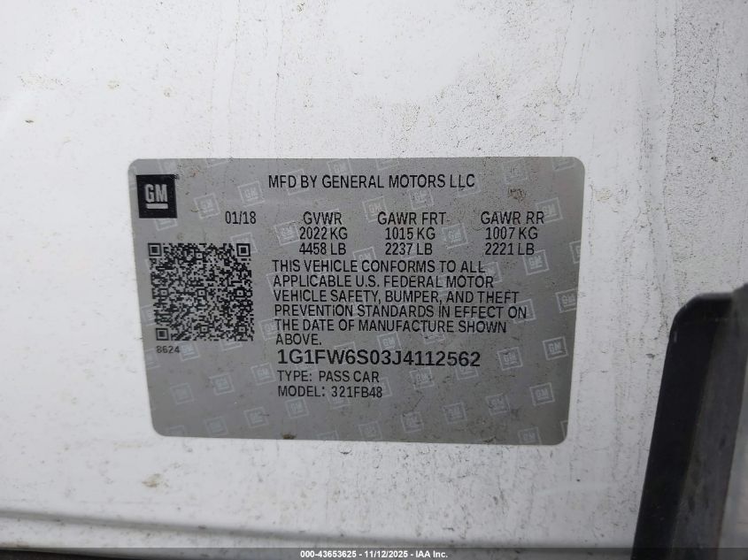 2018 Chevrolet Bolt Ev Lt VIN: 1G1FW6S03J4112562 Lot: 43653625