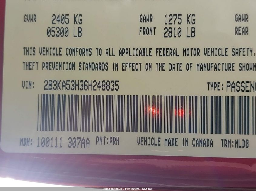 2006 Dodge Charger Rt VIN: 2B3KA53H36H248835 Lot: 43653628