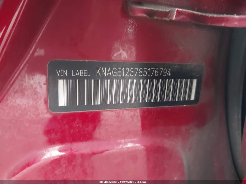 2008 Kia Optima Lx VIN: KNAGE123785176794 Lot: 43653630