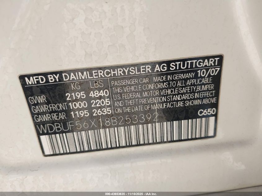 2008 Mercedes-Benz E 350 VIN: WDBUF56X18B253392 Lot: 43653635