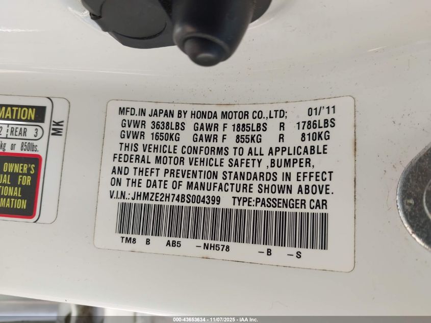 2011 Honda Insight Ex VIN: JHMZE2H74BS004399 Lot: 43653634