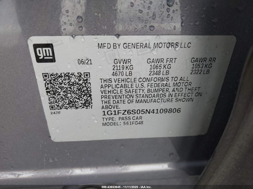 2022 Chevrolet Bolt Euv Fwd Premier VIN: 1G1FZ6S05N4109806 Lot: 43653645