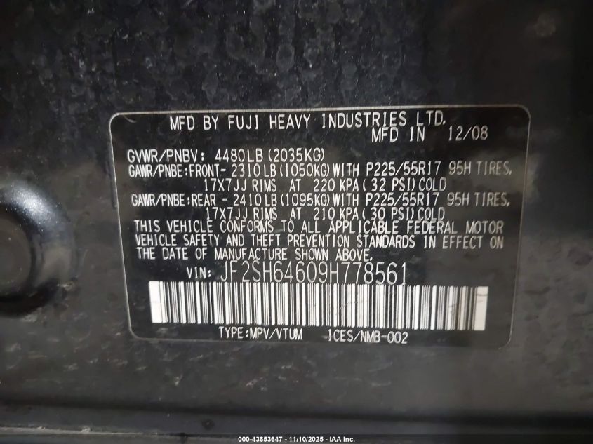 2009 Subaru Forester 2.5X Limited VIN: JF2SH64609H778561 Lot: 43653647