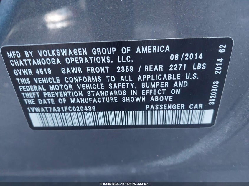 1VWAT7A31FC020436 2015 VOLKSWAGEN PASSAT photo no. 9