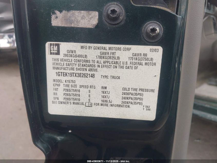 2003 GMC Sierra 1500 Slt VIN: 1GTEK19TX3E262148 Lot: 43653671