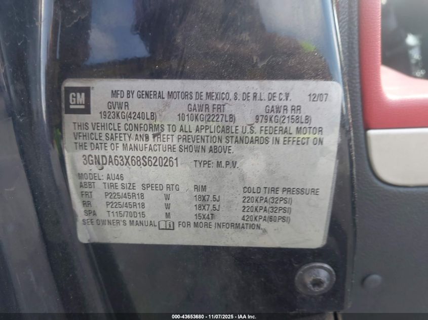 2008 Chevrolet Hhr Ss VIN: 3GNDA63X68S620261 Lot: 43653680
