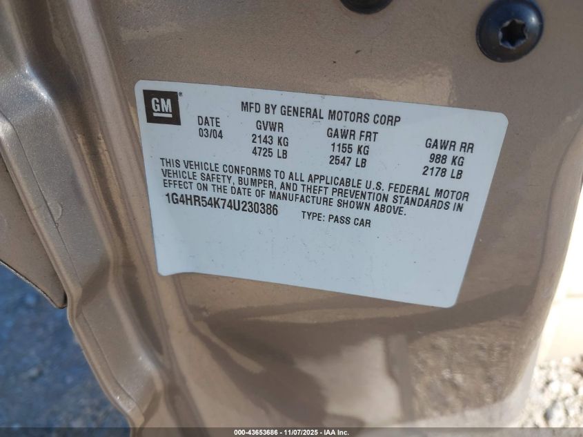 2004 Buick Lesabre Limited VIN: 1G4HR54K74U230386 Lot: 43653686