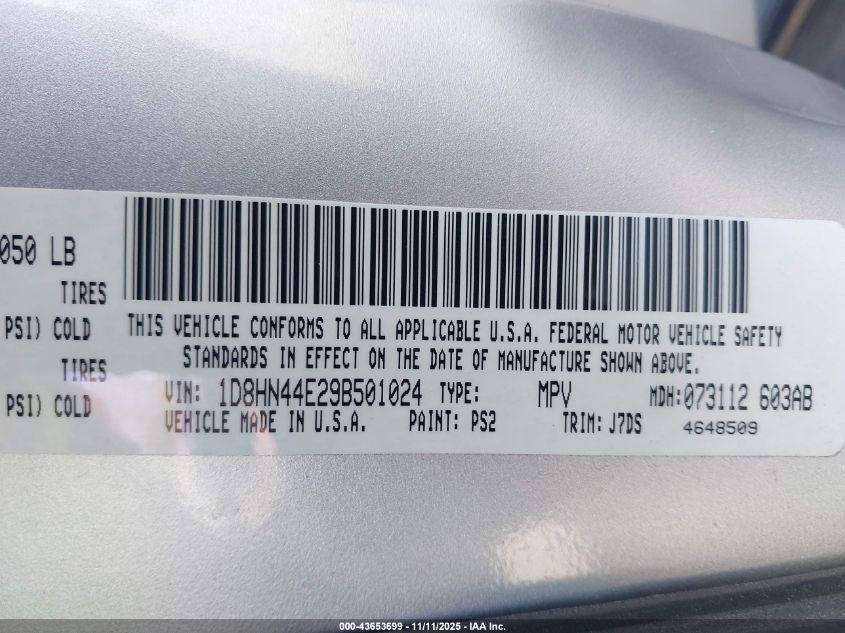 2009 Dodge Grand Caravan Se VIN: 1D8HN44E29B501024 Lot: 43653699
