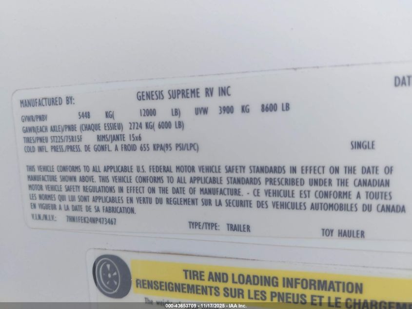 2022 Genesis Wanderer VIN: 7HN1FEK24NP473467 Lot: 43653709