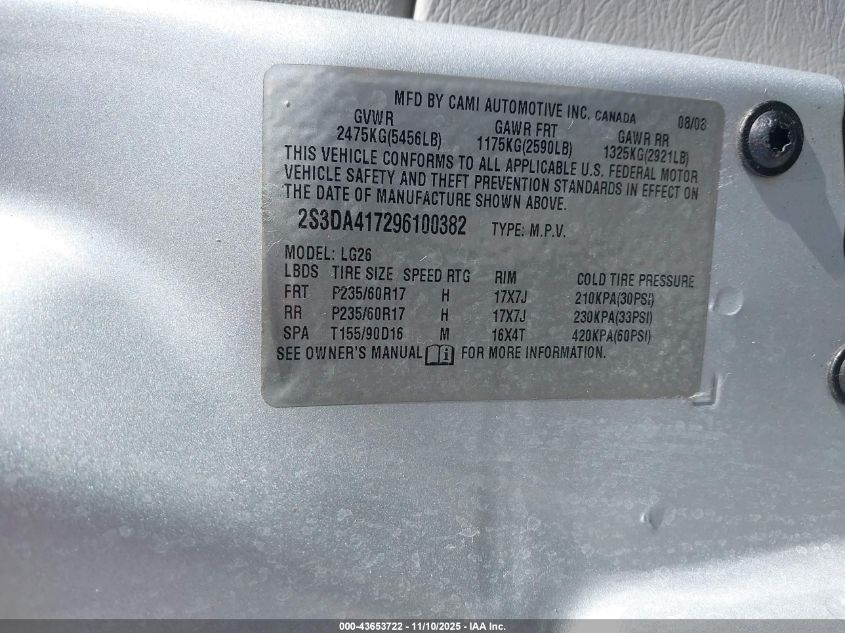 2009 Suzuki Xl7 Luxury VIN: 2S3DA417296100382 Lot: 43653722