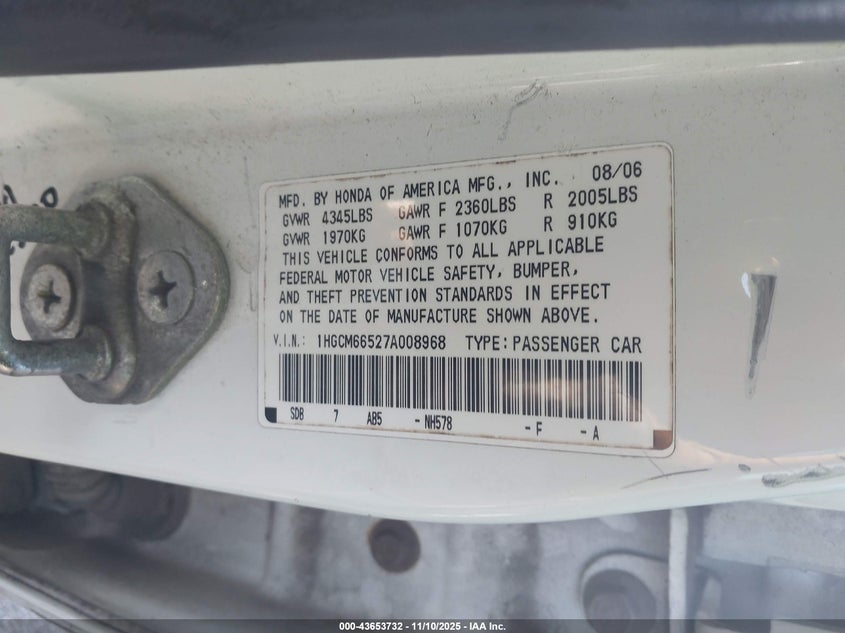1HGCM66527A008968 2007 HONDA ACCORD photo no. 9