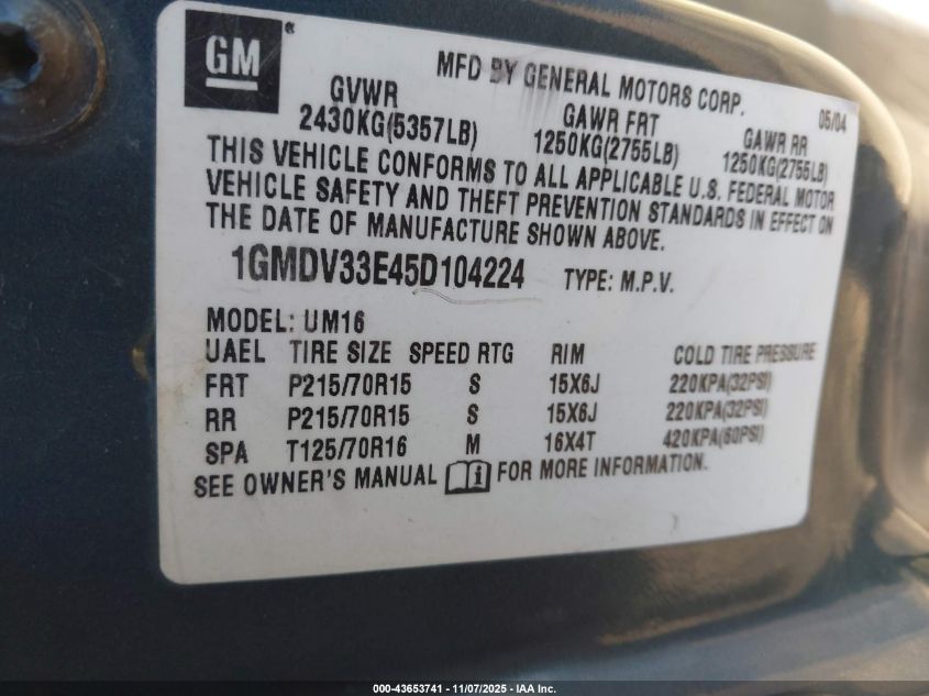 2005 Pontiac Montana M16 W/1Se Pkg. VIN: 1GMDV33E45D104224 Lot: 43653741