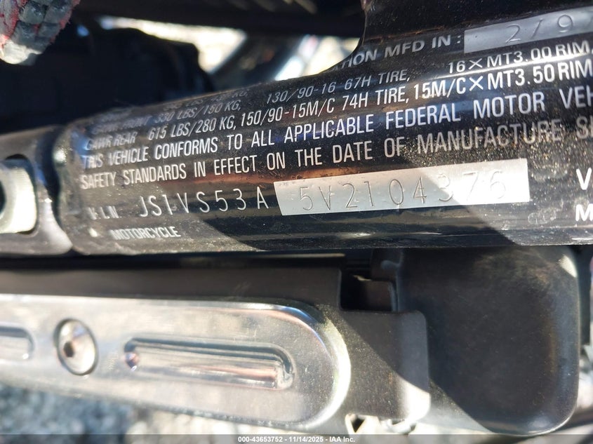1997 Suzuki Vz800 VIN: JS1VS53A5V2104376 Lot: 43653752