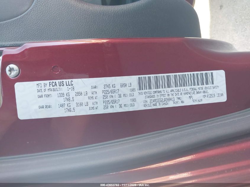 2018 Dodge Grand Caravan Gt VIN: 2C4RDGEG2JR200413 Lot: 43653782