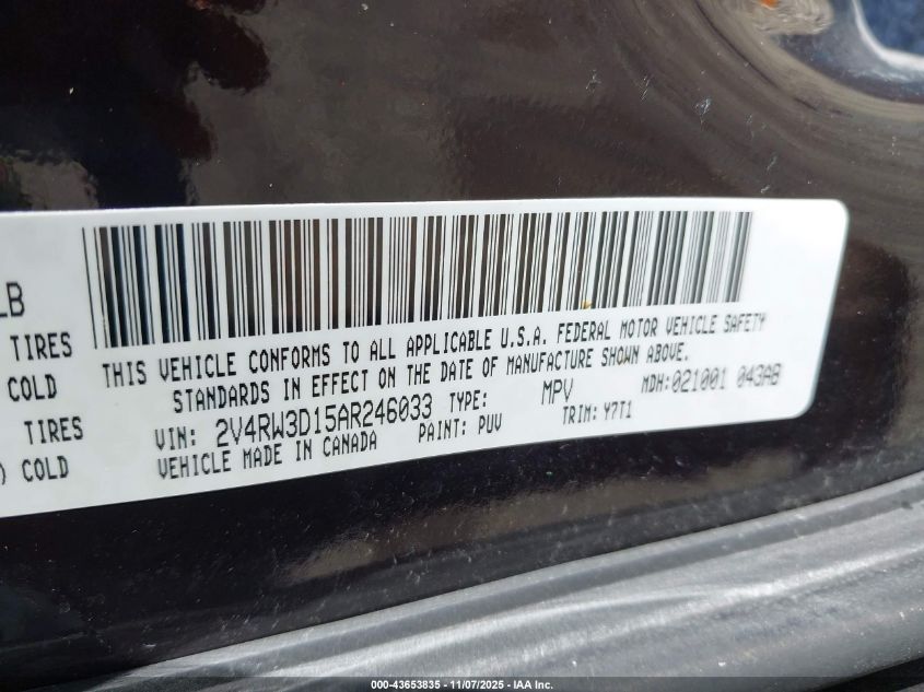 2010 Volkswagen Routan Se VIN: 2V4RW3D15AR246033 Lot: 43653835