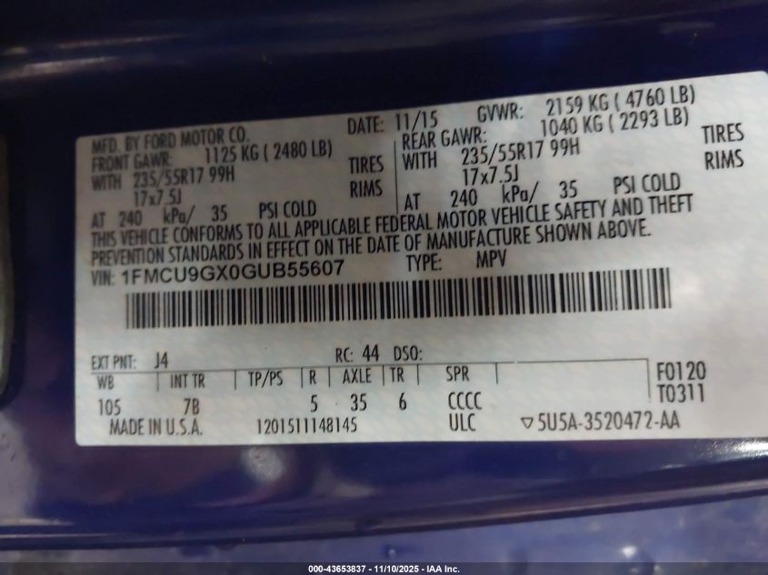 2016 Ford Escape Se VIN: 1FMCU9GX0GUB55607 Lot: 43653837