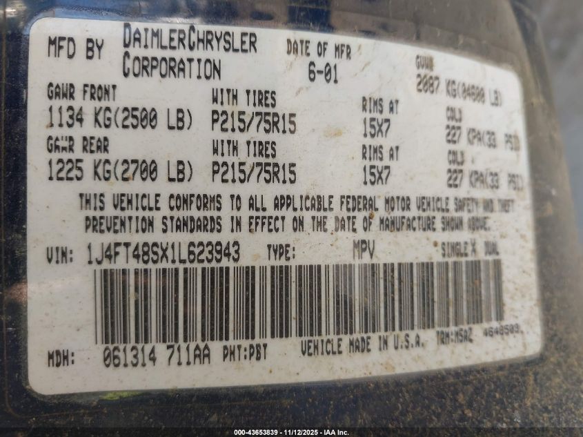 2001 Jeep Cherokee Sport VIN: 1J4FT48SX1L623943 Lot: 43653839