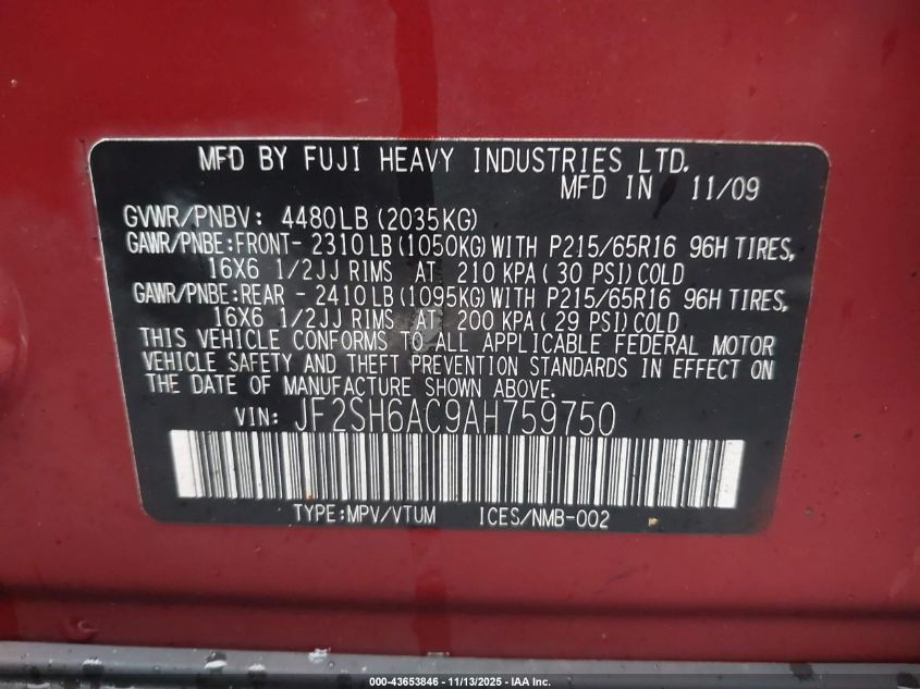2010 Subaru Forester 2.5X VIN: JF2SH6AC9AH759750 Lot: 43653846