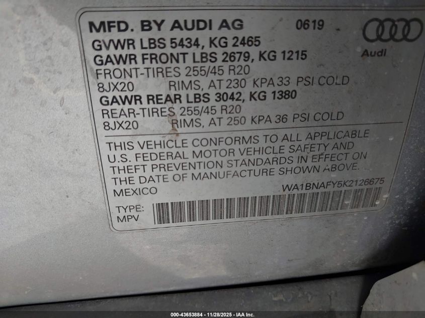 2019 Audi Q5 45 Premium VIN: WA1BNAFY5K2126675 Lot: 43653884