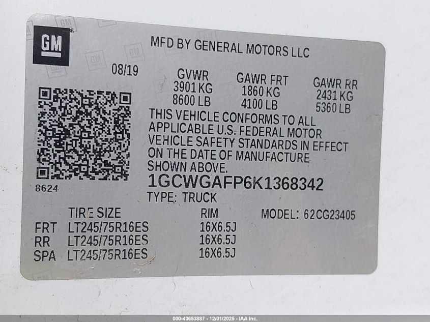 2019 Chevrolet Express 2500 Work Van VIN: 1GCWGAFP6K1368342 Lot: 43653887