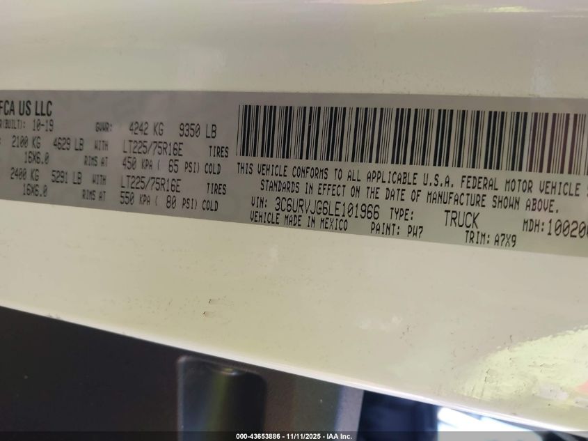 2020 Ram Promaster 3500 Cargo Van High Roof 159 Wb Ext VIN: 3C6URVJG6LE101966 Lot: 43653886