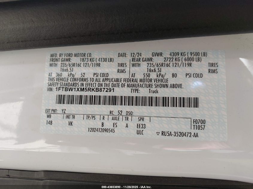 2024 Ford E-Transit-350 VIN: 1FTBW1XM5RKB87291 Lot: 43653890