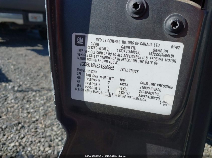 2002 Chevrolet Silverado 1500 Ls VIN: 2GCEC19V321286855 Lot: 43653895