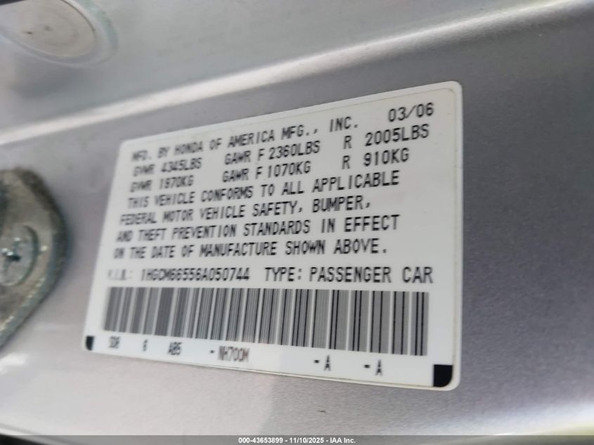 2006 Honda Accord 3.0 Ex VIN: 1HGCM66556A050744 Lot: 43653899