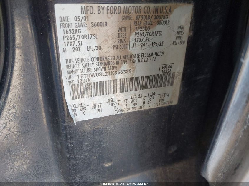 2001 Ford F-150 King Ranch Edition/Lariat/Xlt VIN: 1FTRW08L21KB56339 Lot: 43653913