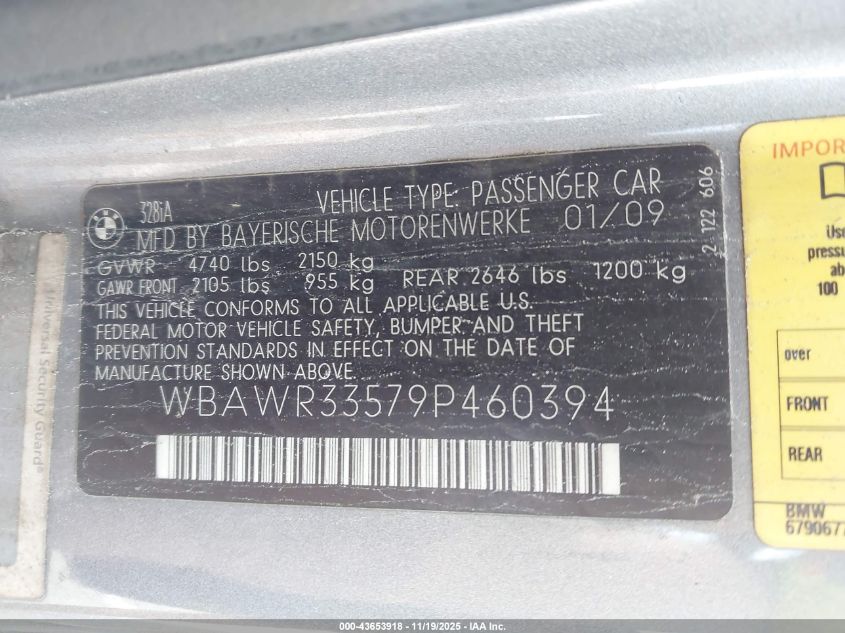2009 BMW 328I VIN: WBAWR33579P460394 Lot: 43653918