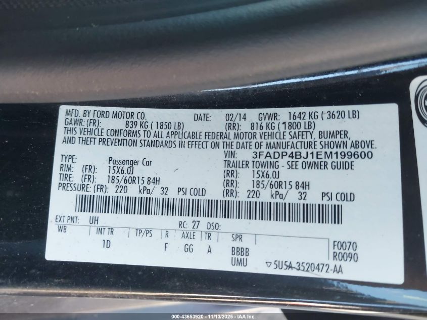 2014 Ford Fiesta Se VIN: 3FADP4BJ1EM199600 Lot: 43653920