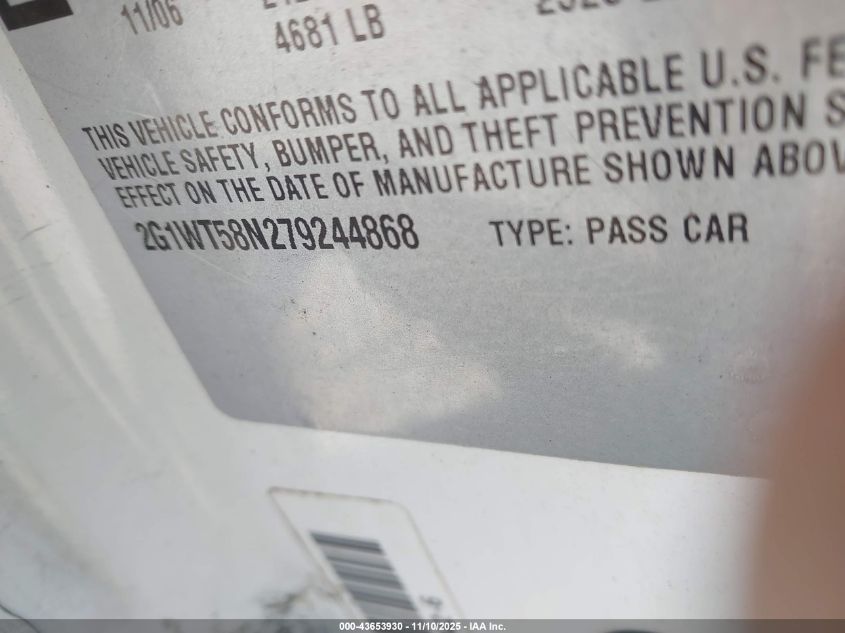 2007 Chevrolet Impala Lt VIN: 2G1WT58N279244868 Lot: 43653930