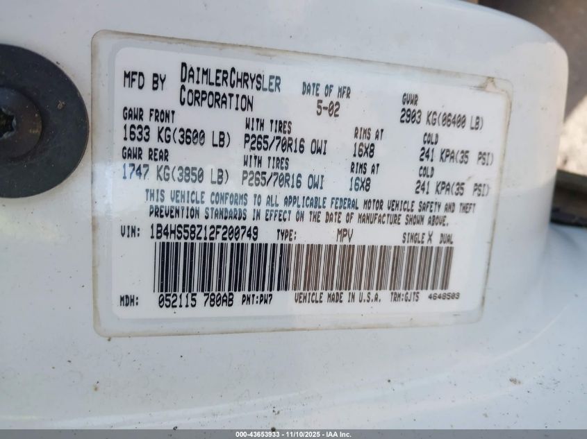 2002 Dodge Durango Slt Plus VIN: 1B4HS58Z12F200749 Lot: 43653933