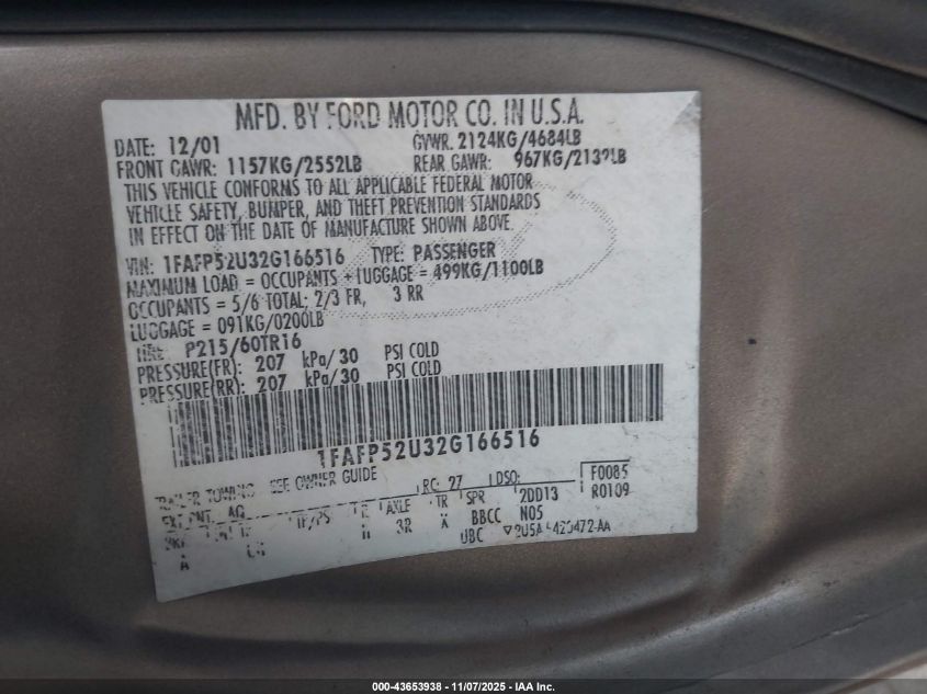 2002 Ford Taurus Lx VIN: 1FAFP52U32G166516 Lot: 43653938