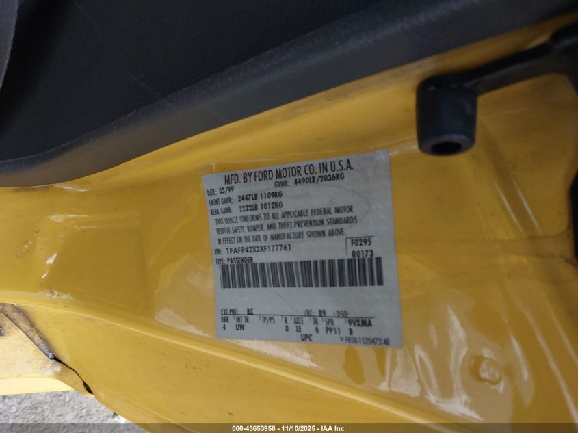 1999 Ford Mustang Gt VIN: 1FAFP42X3XF177761 Lot: 43653958