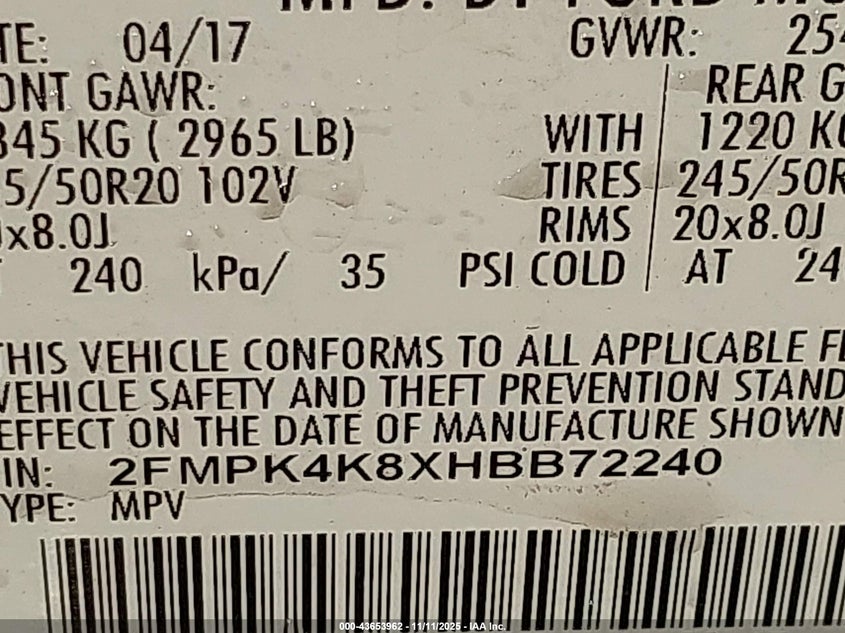 2FMPK4K8XHBB72240 2017 FORD EDGE photo no. 9