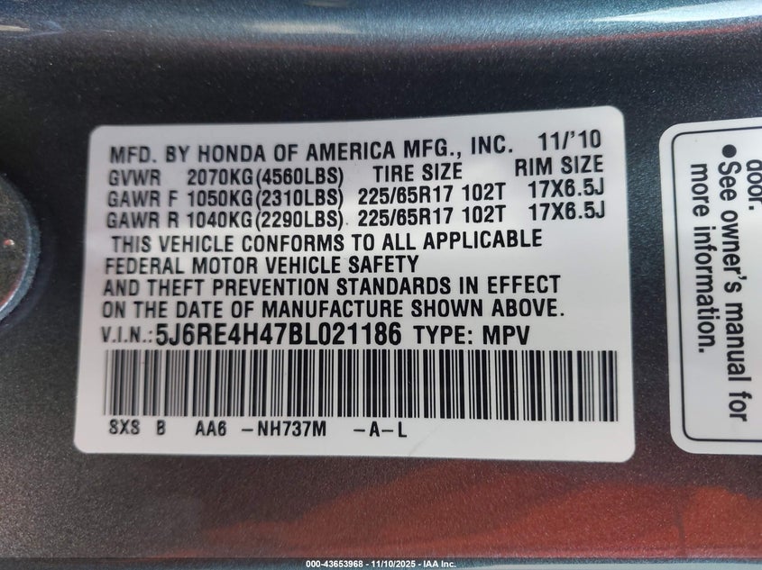 5J6RE4H47BL021186 2011 HONDA CR-V photo no. 9