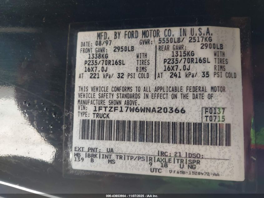 1998 Ford F-150 Lariat/Standard/Xl/Xlt VIN: 1FTZF17W6WNA20366 Lot: 43653984