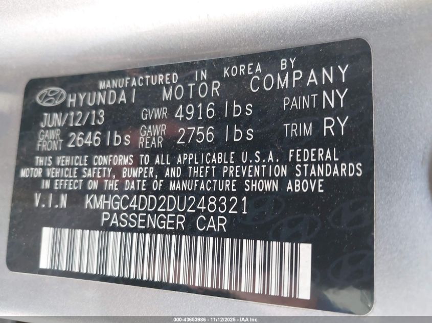 2013 Hyundai Genesis 3.8 VIN: KMHGC4DD2DU248321 Lot: 43653986