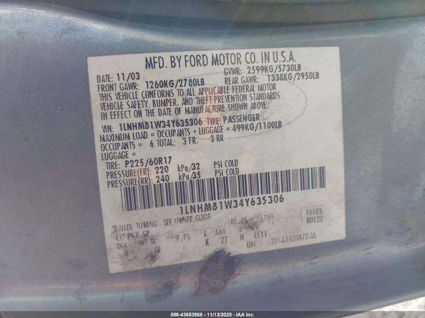 2004 Lincoln Town Car Signature VIN: 1LNHM81W34Y635306 Lot: 43653988