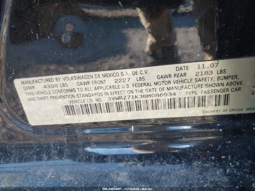 2008 Volkswagen Jetta Se/Sel VIN: 3VWRZ71K38M086934 Lot: 43654007
