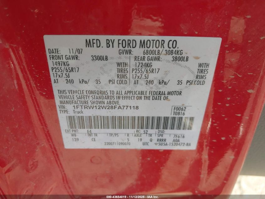 2008 Ford F-150 60Th Anniversary/Fx2/Xl/Xlt VIN: 1FTRW12W28FA77118 Lot: 43654019