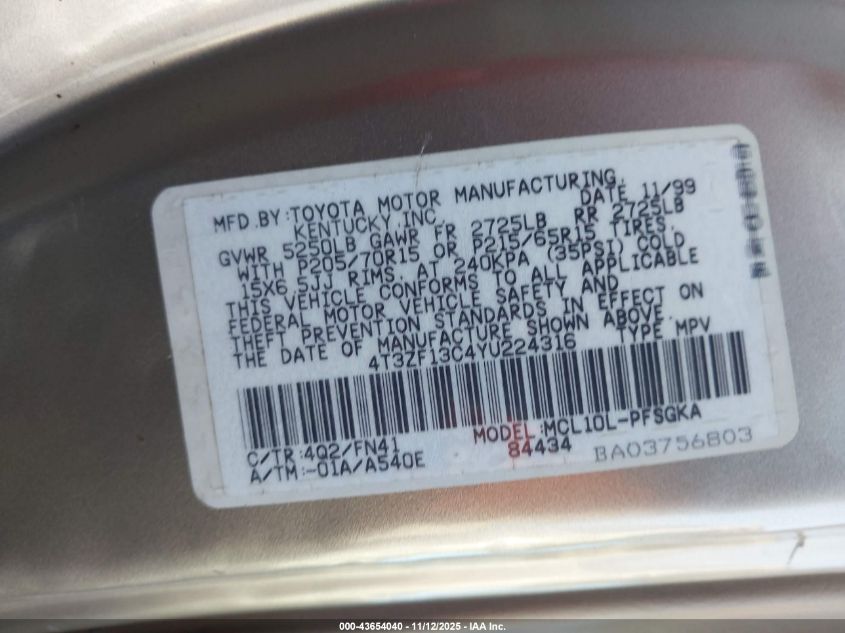 2000 Toyota Sienna Le VIN: 4T3ZF13C4YU224316 Lot: 43654040