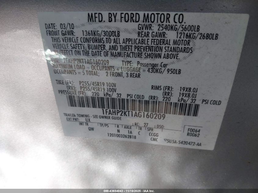 2010 Ford Taurus Sho VIN: 1FAHP2KT1AG160209 Lot: 43654043