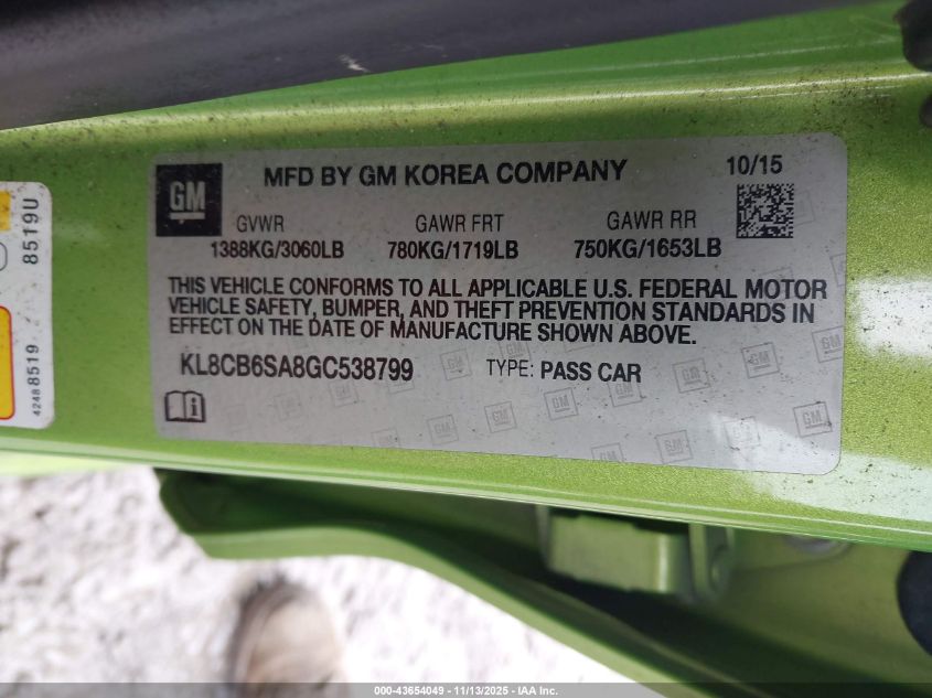 2016 Chevrolet Spark Ls Cvt VIN: KL8CB6SA8GC538799 Lot: 43654049